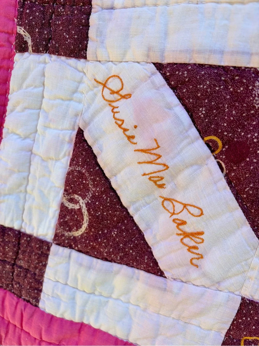 Vintage Friendship Signature Quilt - Hand Quilted Pink Patchwork 61 x 74”